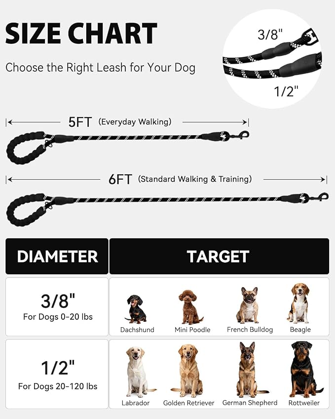 Joytale Rope Dog Leash for Small Dogs, Padded Handle, 6FT, Black | Reinforced Nylon Webbing, Comfort Grip Eases Hand Strain, Swivel Clip Prevents Tangles, Visible at Night, for Outdoor Walks