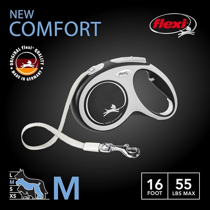 FLEXI® Comfort Tape Retractable Dog Leash, Medium, 16 ft - Grey/Black | German engineered, original flexi leash, durable quality for dogs up to 55 lbs, tangle-free, walking, reliable brake system
