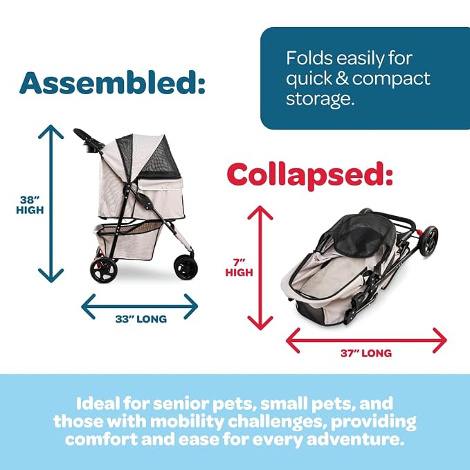 Carlson Pet Stroller - Khaki, 360° Swivel Wheel