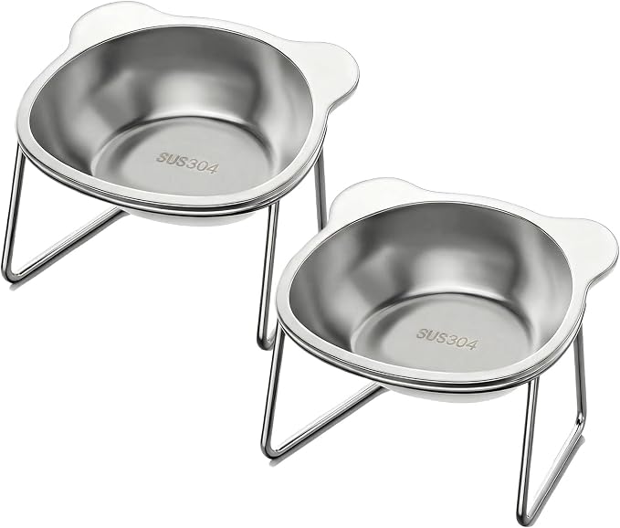 Sterling Whiskers Orthopedic Feeding Bowl, 2 Pack Raised Cat Bowls, 15° Tilted Stainless Steel Elevated Dishes for Small Cats & Dogs, Anti Vomit, Whisker & Spine Friendly