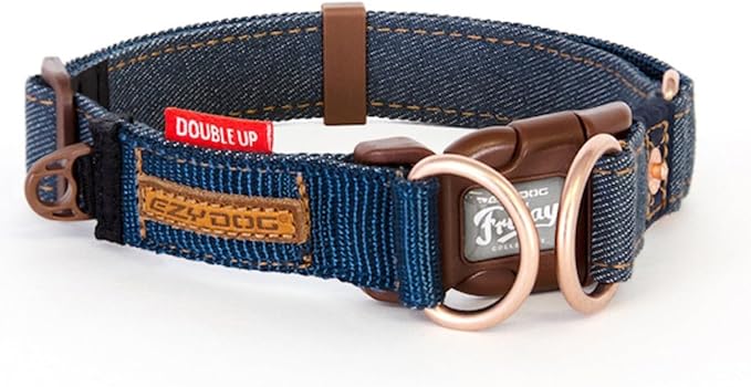 EzyDog Double Up Dog Collar, Strong Double D-Rings - Large, Denim | Dual D-Rings for Superior Strength, Safety, and Comfort, Soft Touch Nylon Webbing, Reflective Stitching, Id Attachement Point