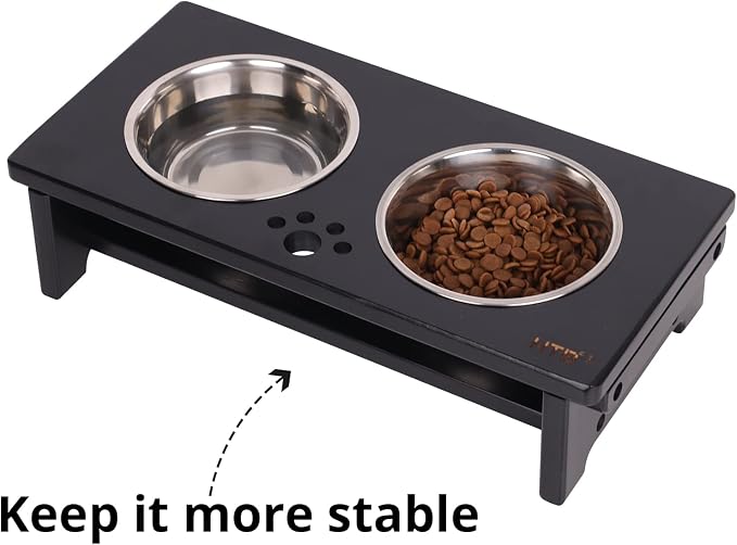 HTB Elevated Dog Bowls, Raised Dog Bowl Stand with 2 Stainless Steel Bowls, Elevated Raised Dog Bowls for Large Medium Small Sized Dogs- Black Small
