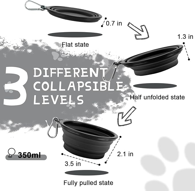 Collapsible Dog Bowls, 2 Pack, with Carabiners, Grey & Black, Small