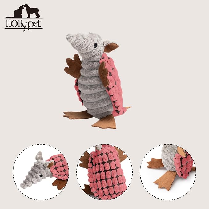 Hollypet Armadillo Squeaky Puppy Dog Toys for Small Medium Dogs, 6" | plush stuffed small dog squeak animal toy with unique grunt squeaker textured fabric for teeth cleaning toys