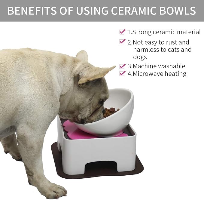 Raised Ceramic Dog Feeding Bowl,Adjustable Elevated Dog Bowls Set Anti-Slip,Standing Pet Feeding Dish for Small Medium Dogs and Cats,White