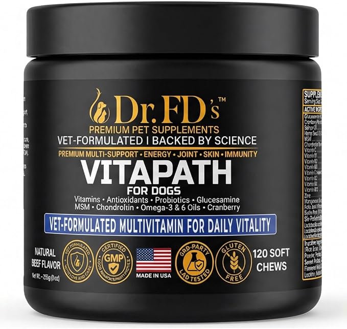 Dr. FD's VitaPath Dog Multivitamin, Vet-Formulated Soft Chews, 120 Count, Daily Vitamins with Antioxidants and Omegas for Skin and Coat, Energy and Healthy Aging, Natural Beef Flavor