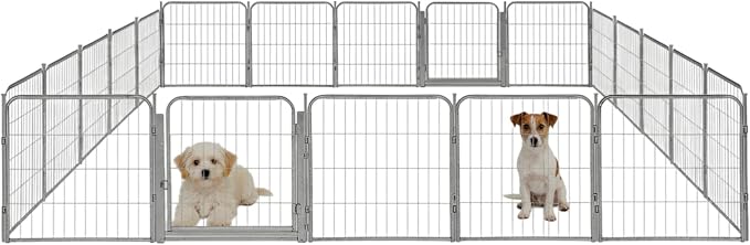 Indoor Dog Playpen - 24 inch, 20 Panels for Small and Puppy Size Dogs - Play Pen w/Extra Wide Gate - Heavy Duty Metal Portable Pet Fence with Grey Anti-Rust Coating