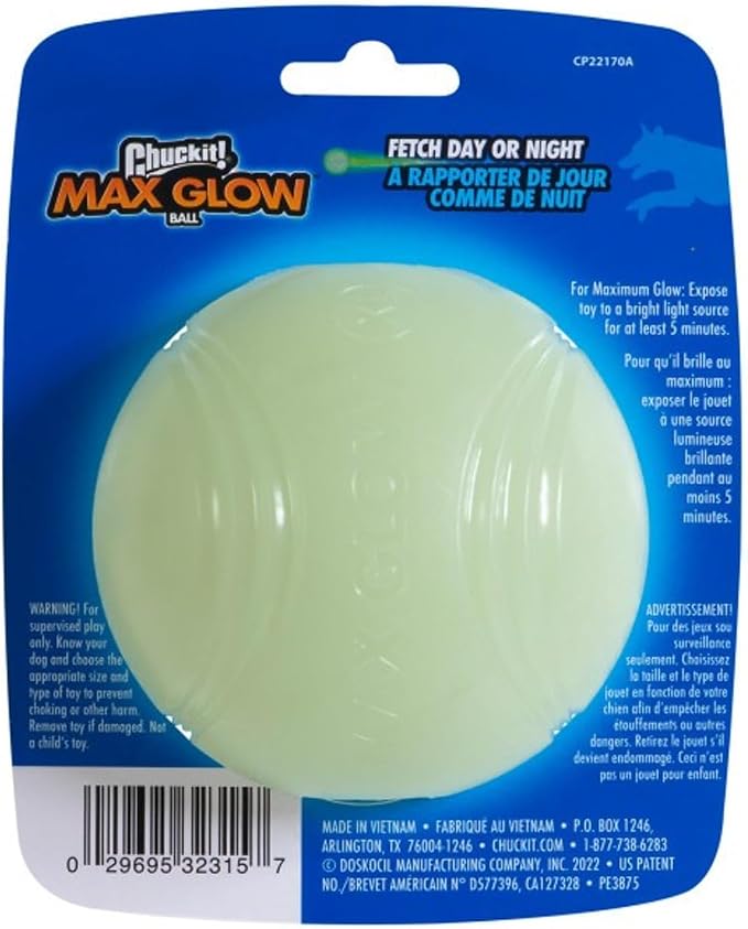 Chuckit! Max Glow Bouncy Ball, Glowin the Dark, XL 3.5in | Photoluminescent Rubber Ball Recharges Fast Under Any Bright Light for Nighttime Fetch, Launcher Compatible