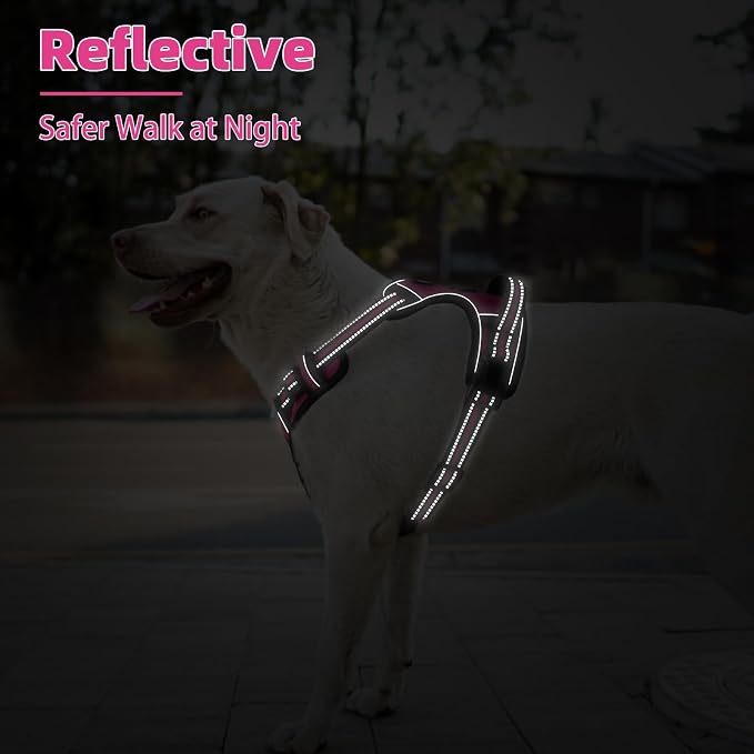 PUPTECK No Pull Dog Harness for Large, Adjustable Reflective Dog Harness with Handle Easy Control, Comfortable Soft Padded Pet Vest Harness for Large Dogs, Fuschia L
