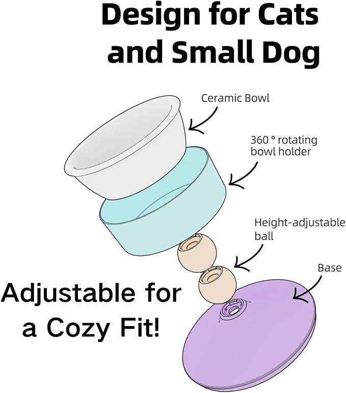 Elevated Raised Cat Pet Bowls - 15°Tilted 3 Heights Adjustable Indoor Cats Food Dish Stand, Cute Pet Water Feeder Ceramic Bowl, Neck Whisker Friendly & Anti-Vomiting Non Slip Kitten Puppy Supplies