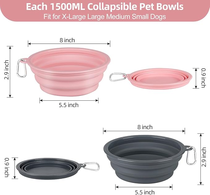 Kytely Collapsible Dog Bowls, X-Large 1500ml, 2 Pack, Pink & Grey