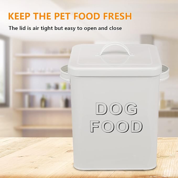 Pethiy airtight Dog Treat container bin and DOG Food Storage Tin with Lid With, 5 lbs, Carbon Steel, White