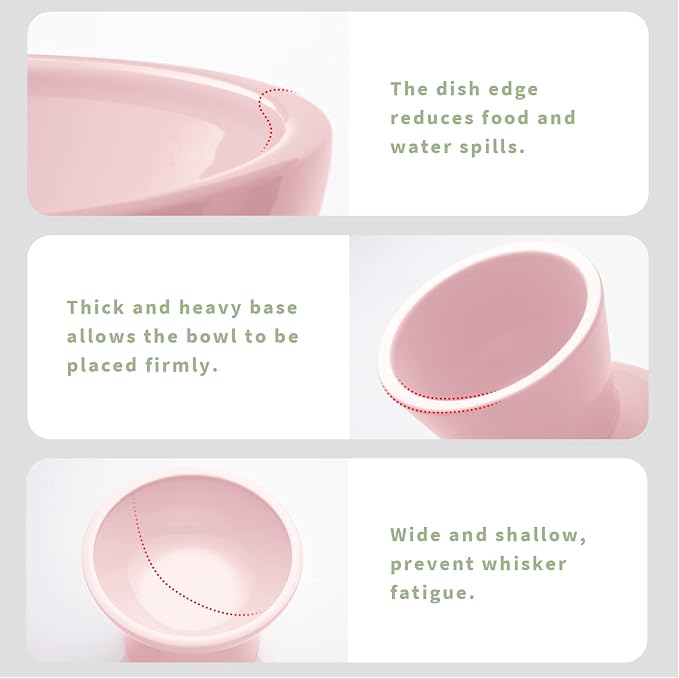 CEEFU Extra Wide Elevated Ceramic Cat Bowl, 6.2" Shallow Dish for Whisker Fatigue Relief, 5" Height for Easy Feeding, Durable Raised Cat Food Bowls, Pack of 2, Pink