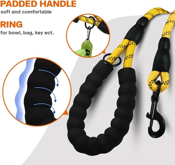 Taglory Rope Dog Leash for Medium Large Dogs, 5 FT Padded Handle, Yellow | Climbing Rope for Strong Pullers, Reflective for Night Walks and Training, Comfortable Grip, Anti-tangle Swivel Clip 1/2 inch