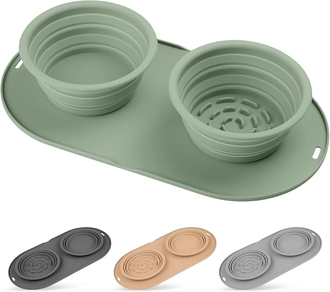 Puppy Dog Bowl, No-Spill Collapsible Double Bowl, Green