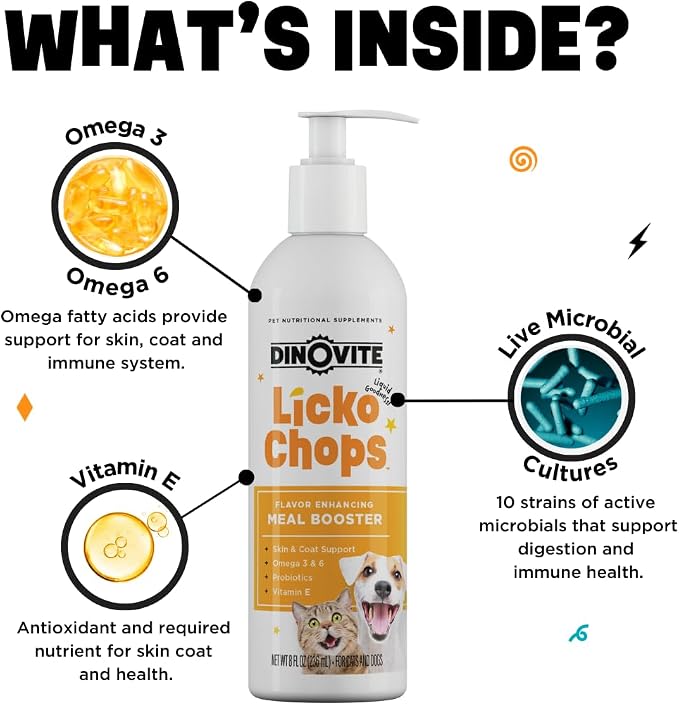 Dinovite Lickochops Supplement, Liquid Meal Topper for Dogs & Cats, 16 oz