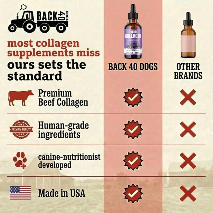 Back 40 Dogs Premium Grass-Fed Liquid Collagen for Dogs Skin and Coat, Hips and Joints | Allergy Relief with Biotin, Vitamin C and MSM for Joint, Nails & Immunity | Made in USA
