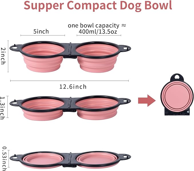 SLSON Collapsible Dog Dual Bowls with Lock Clips, Light Pink