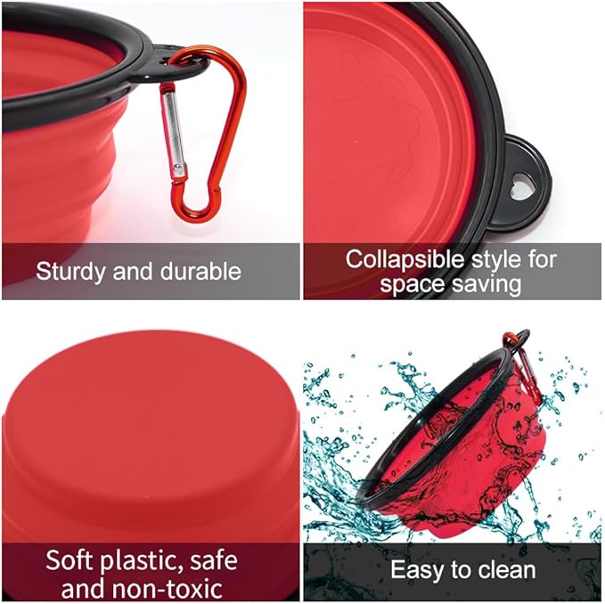 Dog Bowl Collapsible, 2 Pack, with Carabiners, Small, Blue+Red