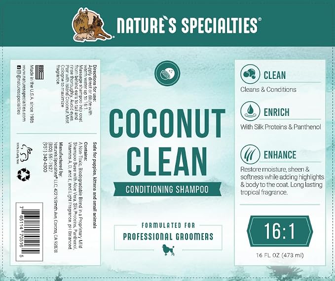 Nature's Specialties Coconut Clean Ultra Concentrated Dog Conditioning Shampoo for Pets, Makes up to 2 Gallons, Natural Choice for Professional Groomers, Adds Highlighting and Body, Made in USA, 16 oz