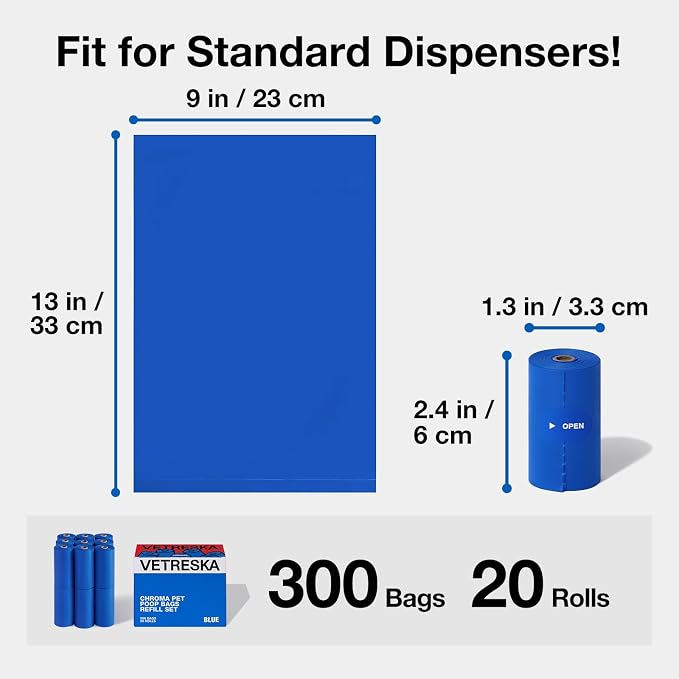 VETRESKA Dog Poop Bags, Leak Proof, Extra Thick and Large Pet Waste Bags for Dog Walking and Cat Litter, Spiced Vetiver & Moss Scented, 20 Refill Rolls, 300 Bags, Blue