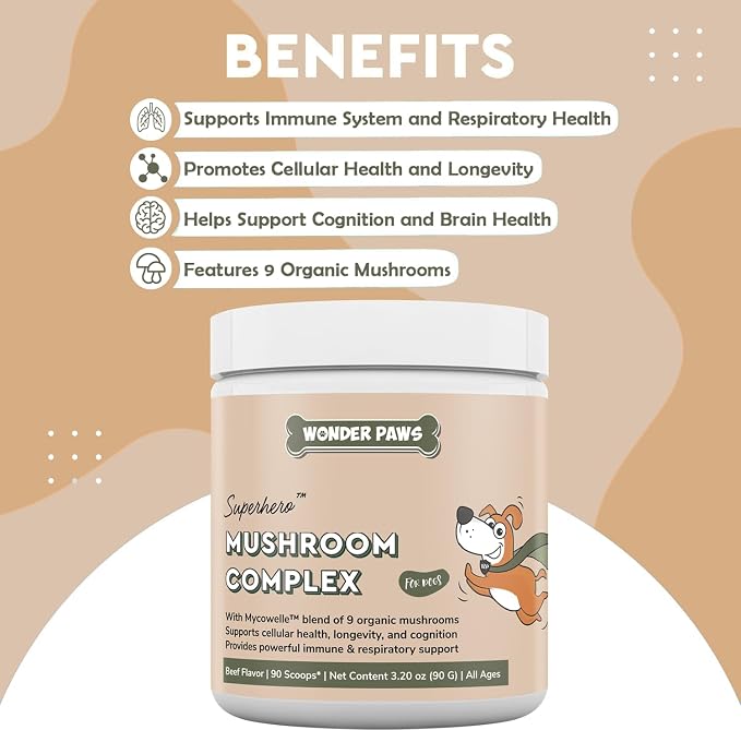 WONDER PAWS Mushroom Complex Powder Plus Omega Max Fish Oil - for Dog's Immune Health, Vitality, Skin & Joint Care – Mushroom Complex 90 Scoops - Omega Max 16 Ounces
