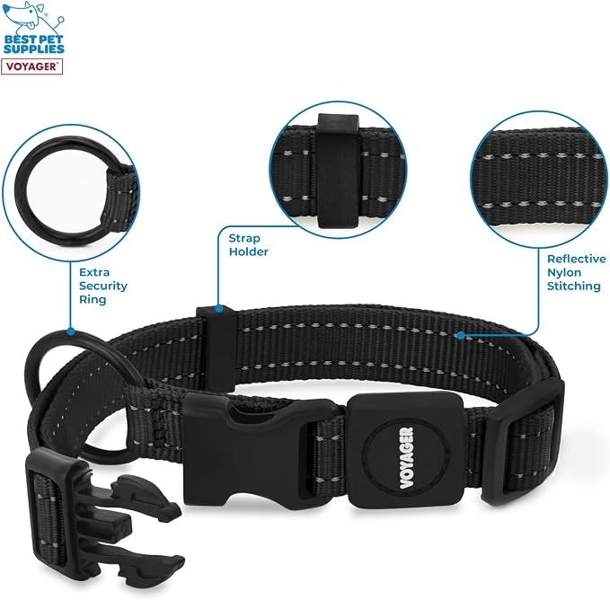 Best Pet Supplies Voyager Reflective Dog Leash or Collar with Neoprene Handle, for Small, Medium, and Large Breed Puppies, Cute and Heavy Duty for Walking, Running and Training - Black, S
