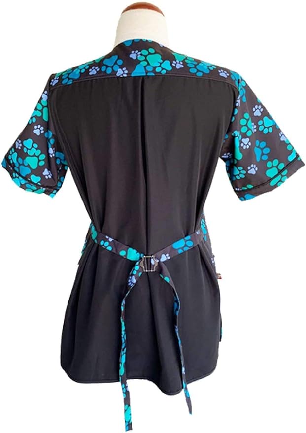 Ladybird Line 714 Blue Paw Print Waterproof Dog Grooming Smock, Hair Bleach Resistant Jacket, Solid Back, Adjustable Tie Belt