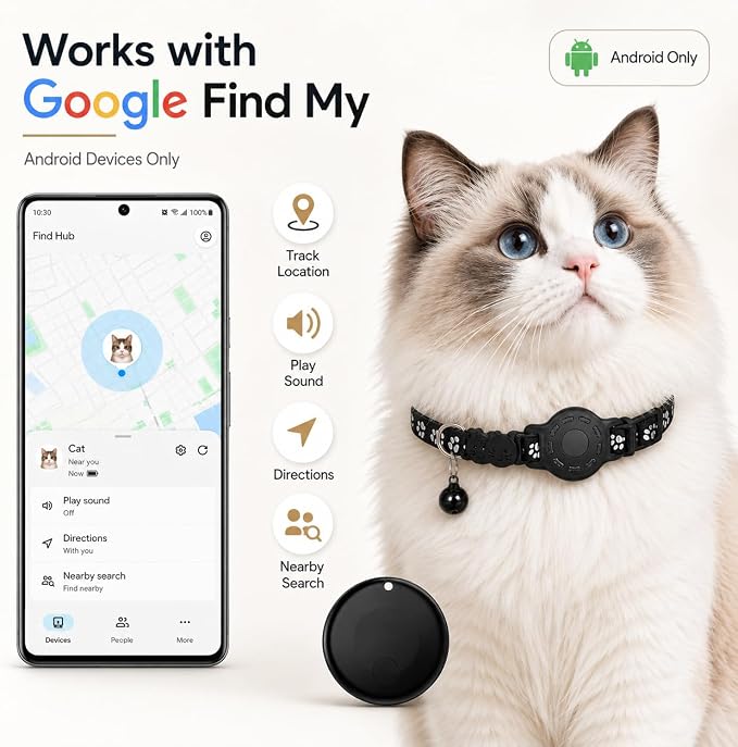 GPS Tracker for Cats, Cat Collar with Tracker for Android Users – No Monthly Fee, Google Find Hub Cat GPS Tracker Collar, IP67 Waterproof, Replaceable Battery Lasts 1 Year