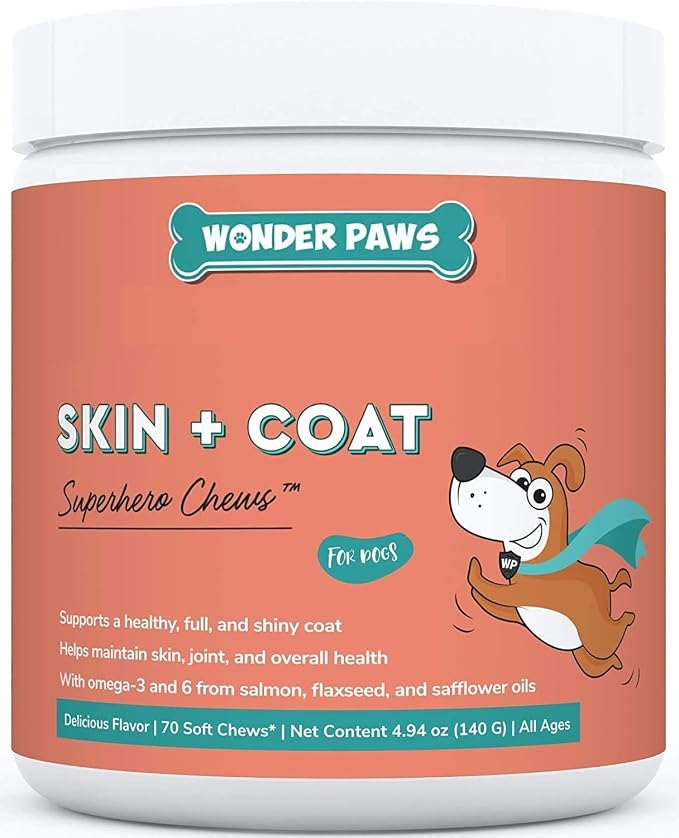 WONDER PAWS Skin + Coat Chews Plus Omega Max Fish Oil - for Dog Joint Health, Skin and Coat Care, & Immune System Support - Skin + Coat 70 Chews - Omega Max 16 Ounces