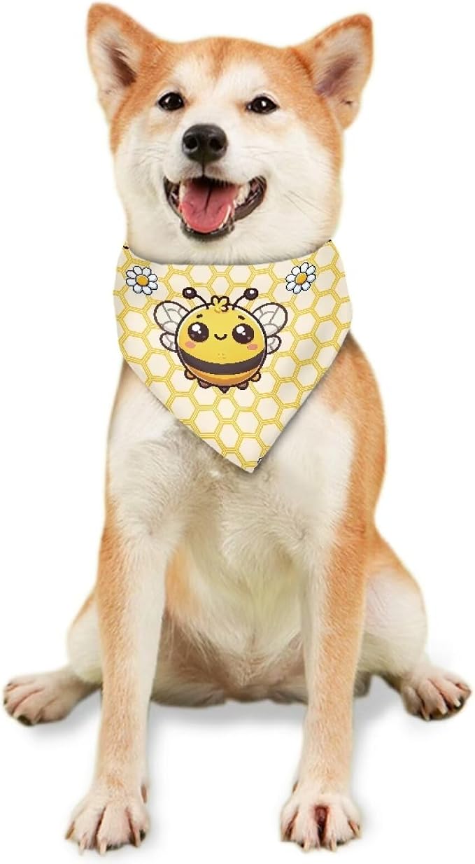 Forchrinse Bee Flower Dog Bandanas Patriotic Pet Triangle Bandana Soft Pet Scarf Dog Kerchief, Medium, Polyester, Bee Flower