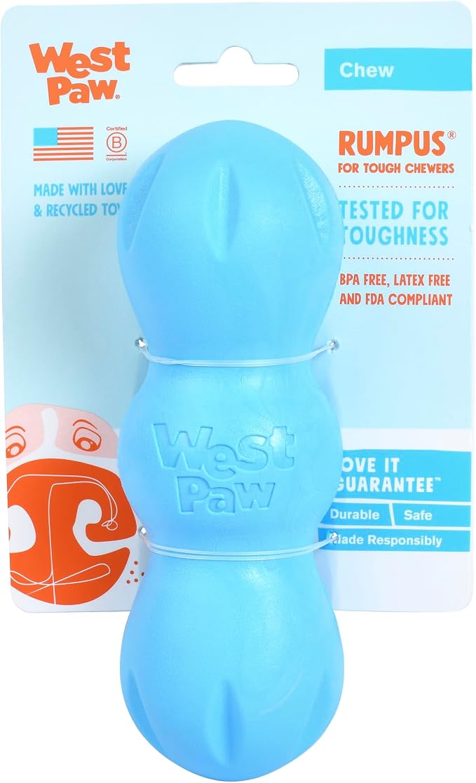 WEST PAW Zogoflex Rumpus Dog Chew Toy – Floatable Toy for Dogs, Aggressive Chewers – Puppy Chewing Toys for Catch, Fetch – Recyclable, Dishwasher-Safe, Medium 6.25", Aqua Blue