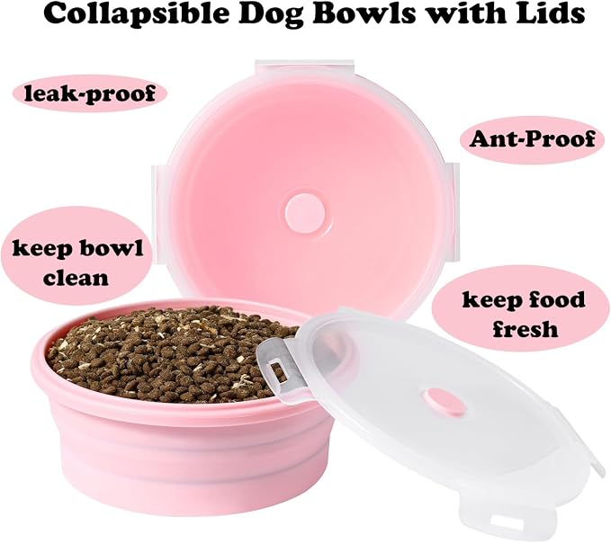 Joyinjojo Collapsible Dog Bowls with Lids, 2 Pack, Pink, 17oz