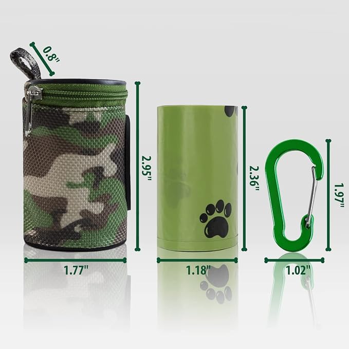 FURHAB Dog Poop Bag Holder for Leash Doggie Waste Bag Dispenser Puppy Potty Carrier Small Doggy Zipper Pouch with Carabiner Clip 1680D Nylon Oxford with 1 Roll of Pet Trash Bags, Woodland Camo