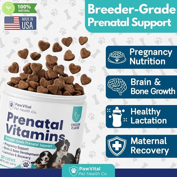 Dog Prenatal Vitamins for Pregnant & Nursing Dogs – 120 Soft Chews with Folic Acid, DHA, Choline, Iron & Calcium – Prenatal Multivitamin Supplement for Puppy Development, Pregnancy & Lactation Support