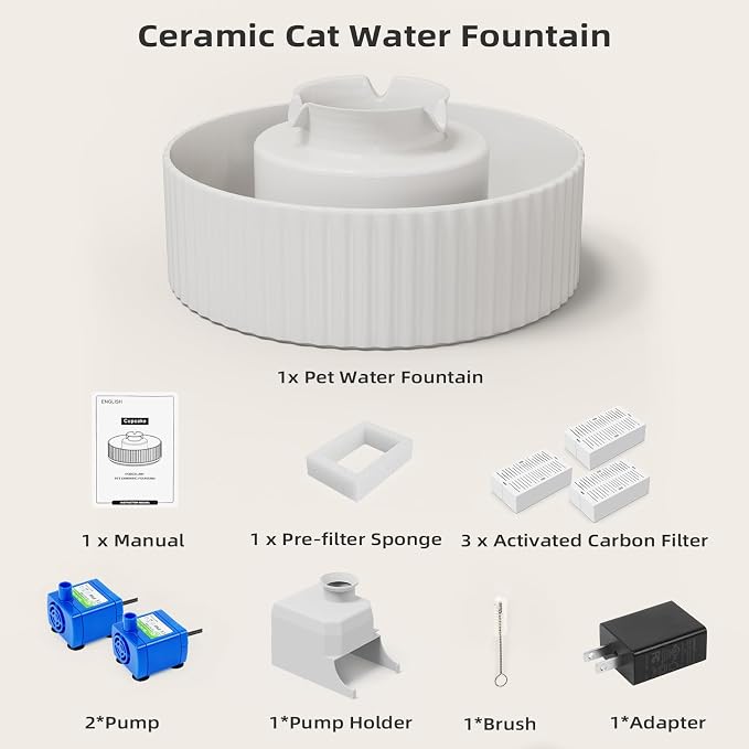 Ceramic Cat Water Fountain, 2.1L/71oz Cupcake Pet Water Fountain for Cats and Dogs, Automatic Pet Drinking Fountain,Double Filtration System, Easy to Clean (White) (2 Water Pumps)