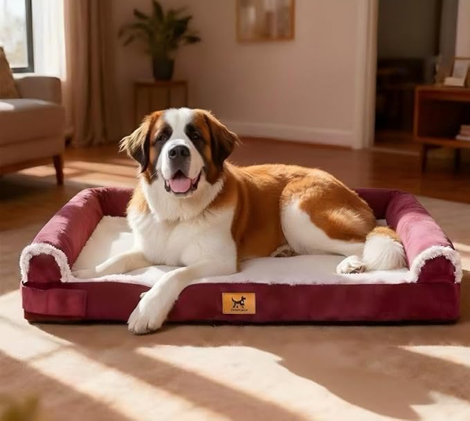 Jumbo Human Dog Bed Style - Breathable Egg-Crate Foam Sofa Couch with Bolster, Water-Resistant Liner & Washable Rose Velvet - Ideal for Great Danes, Mastiffs, Rose Pink (54'' x 37'')