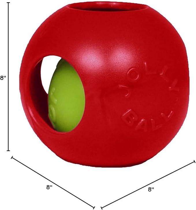 Jolly Pets Teaser Ball Interactive Dog Toy, 8 in Large, Red | Ball-within-a-ball puzzle toy that floats - add peanut butter to the inner ball for extra fun