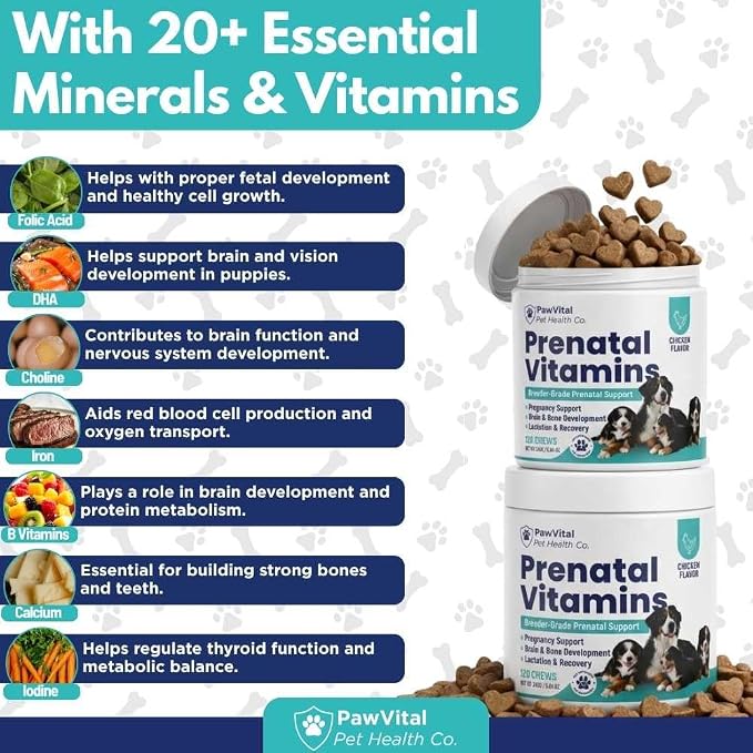 Dog Prenatal Vitamins for Pregnant & Nursing Dogs – 120 Soft Chews with Folic Acid, DHA, Choline, Iron & Calcium – Prenatal Multivitamin Supplement for Puppy Development, Pregnancy & Lactation Support