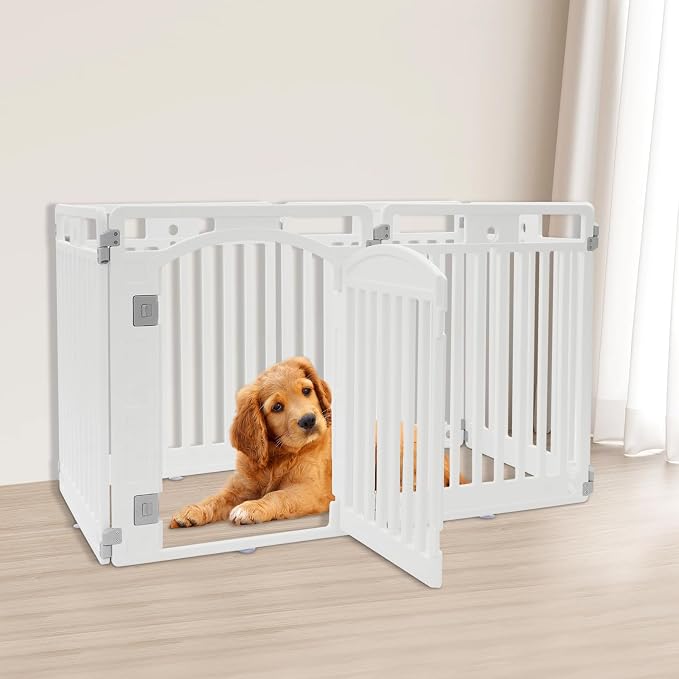 Dog Playpen with Door, 32 Inch Tall Dog Playpen, 6 Panels White Plastic Pet Safety Fence, Puppy Playpen Dog Pen with Suction Cup, Indoor Pet Exercise Pen, Small Medium Dog Fence, 51.2x25.6x31.5in