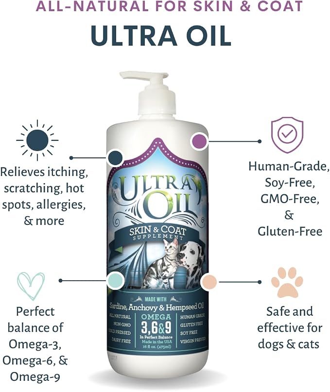 Ultra Oil Skin and Coat Supplement for Dogs & Cats, 8 oz Bottle w/Pump