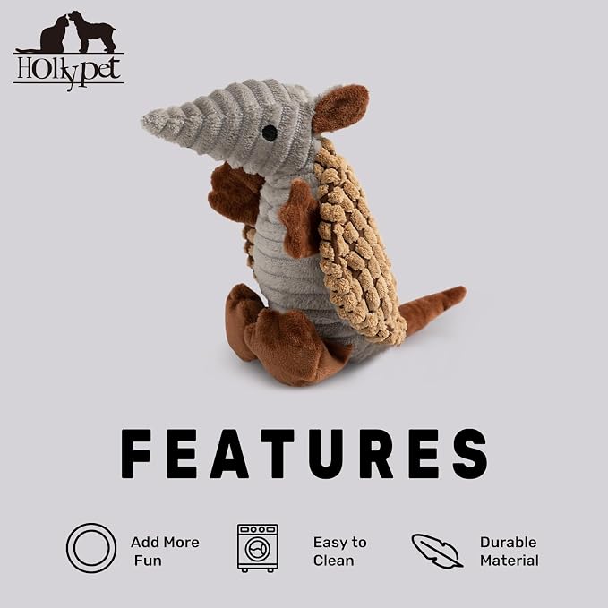 Hollypet Armadillo Squeaky Puppy Dog Toys for Small Medium Dogs, 8" | plush stuffed small dog squeak animal toy with unique grunt squeaker textured fabric for teeth cleaning toys