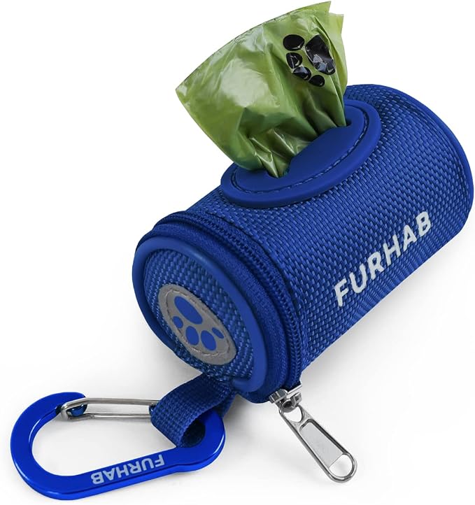 FURHAB Dog Poop Bag Holder for Leash Doggie Waste Bag Dispenser Soft Fabric Puppy Potty Carrier Small Doggy Zipper Pouch with Carabiner Clip 1680D Nylon Oxford with 1 Roll of Pet Trash Bag, Royal Blue