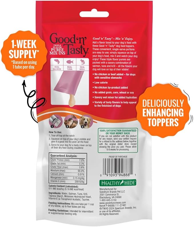 Good 'n' Tasty Triple Flavor Puree Mix-Ins Dog Food Topper Treats for All Dogs, 7 Count, Easy Single-Serve Portions, Added Protein with Salmon, Tuna and Krill, No Chicken or Beef Added (Pack of 2)