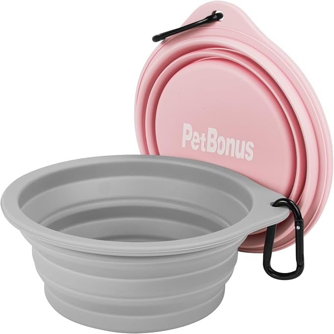 PetBonus Large Collapsible Dog Bowls, 2 Pack, 34oz, Grey, Chalk Pink