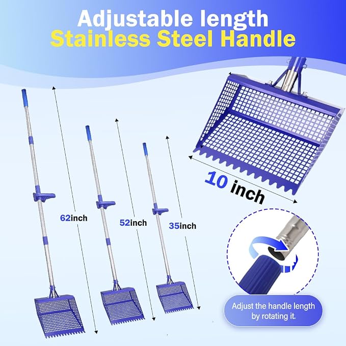 Chicken Poop Scooper & Rake 2-in-1, 304 Stainless Steel Shovel Head - 2X Waste Removal, Easy Clean Anti-Rust Litter Sifting Scoop, Cattle Pen & Beach Sand | Back-Knee Friendly Chicken Coop Accessories