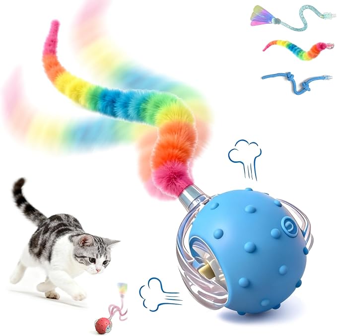 Interactive Cat Toy, Auto Chirping Ball w/ 3 Tails, Self Play Indoor | USB-C charge, 2 modes, obstacle avoid, soft TPE tails, quiet, LED, durable ABS, boredom relief blue