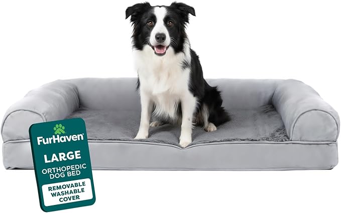 Furhaven Orthopedic Plush &amp; Suede Sofa Dog Bed - Large (up to 55 lbs), Gray