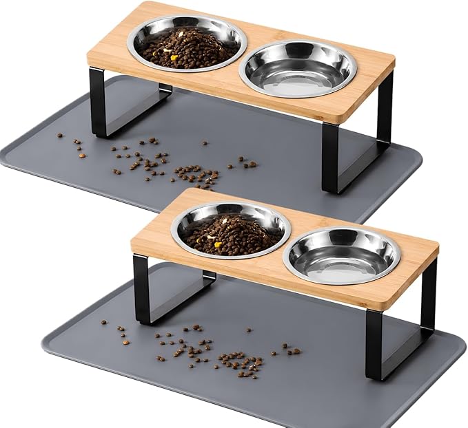 2 Pack Elevated Cat Bowls with Food Mat,15°Tilted Stand Anti Vomiting Raised Cat Dishes for Food and Water,2 Stainless Steel Bowls for Cats and Puppy