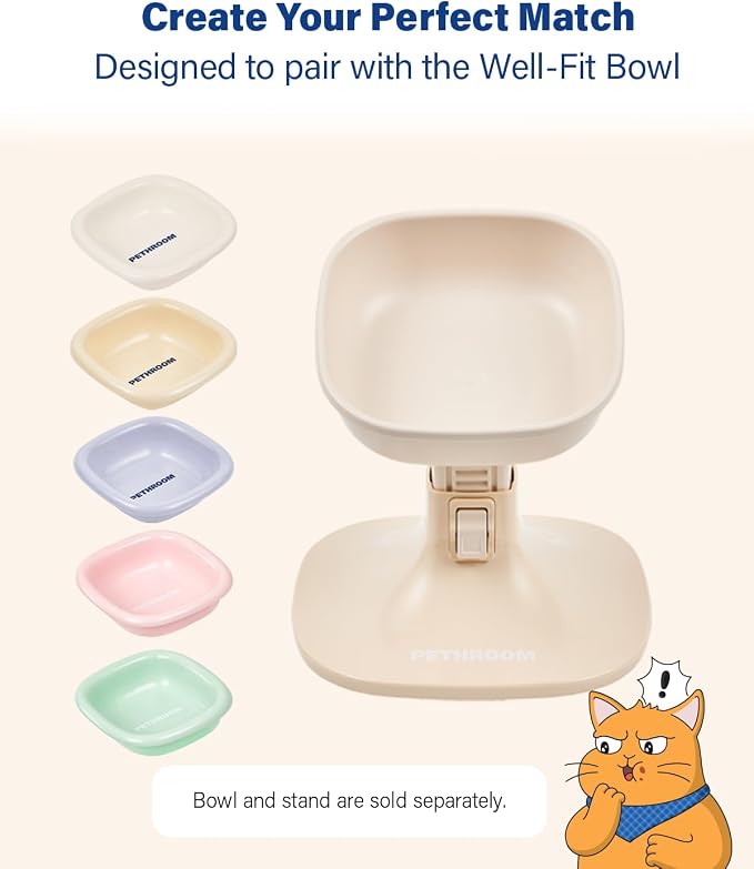 PETHROOM Well Fit Elevated Dog Bowl Stand – Adjustable Height 4.5–7.4 in with 0–22° Tilt, Stable Non-Slip Feeding Stand for Dogs & Cats, Bowl Not Included, Beige